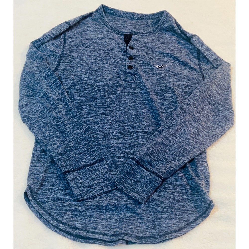 Hollister Mens S Henley Shirt Long Sleeve Blue Space Dye Marled Logo Curved Hem